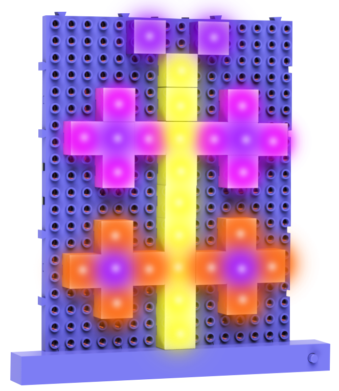 The Lite Blox 2 by E-Blox, Inc. is a rectangular pegboard featuring colorful illuminated pegs arranged in a striking pattern. In the center, a vertical yellow line intersects with horizontal lines forming crosses: pink crosses are displayed at the top and bottom, while an orange cross illuminates the middle, creating vibrant light-up pictures with this new and exciting LED toy.