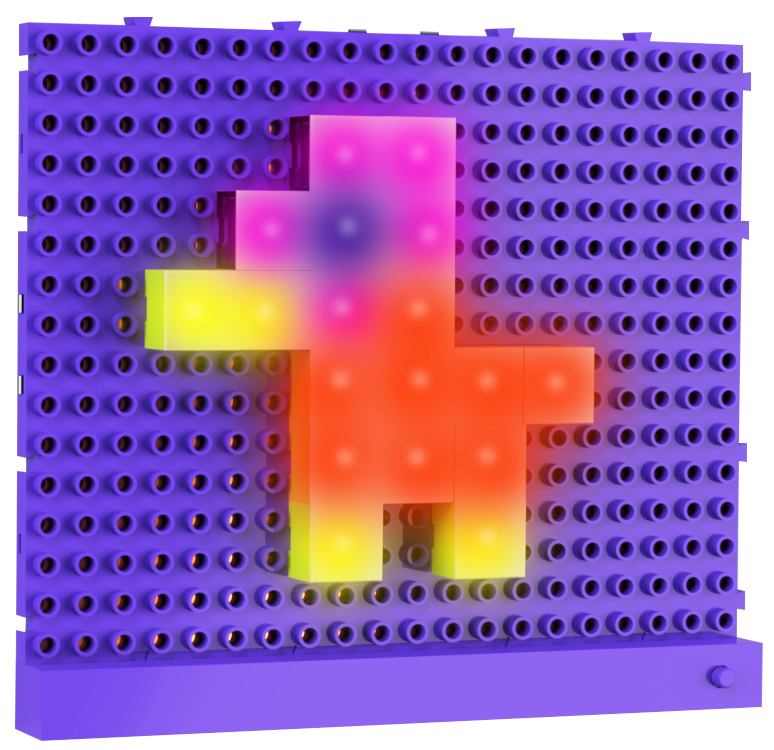 An E-Blox, Inc. pixel art display features a colorful, glowing figure resembling a dog against a purple, perforated background. The dog is made up of a gradient of bright colors like pink, red, orange, and yellow. Illuminated from within using Lite Blox 2 - Light up your world with all new colors!, the artwork brings vibrancy to any space.