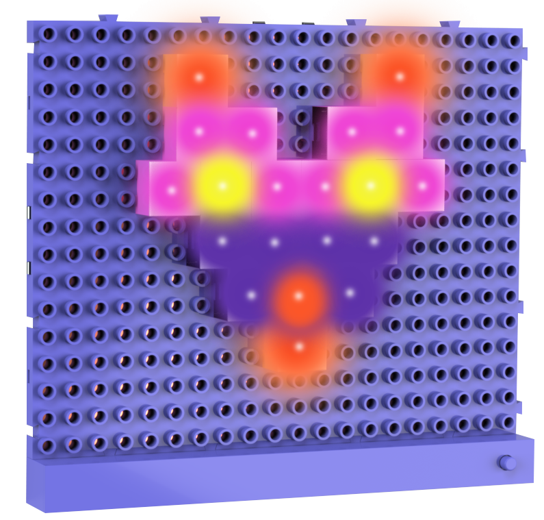 A Lite Blox 2 by E-Blox, Inc. displays a colorful pattern resembling a heart. The board features a matrix of circular holes, with some filled with pegs that light up in shades of pink, orange, yellow, and purple, creating a vibrant, glowing effect against a blue background much like intricate light-up pictures.