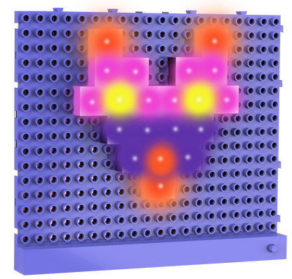 A Lite Blox 2 by E-Blox, Inc. displays a colorful pattern resembling a heart. The board features a matrix of circular holes, with some filled with pegs that light up in shades of pink, orange, yellow, and purple, creating a vibrant, glowing effect against a blue background much like intricate light-up pictures.