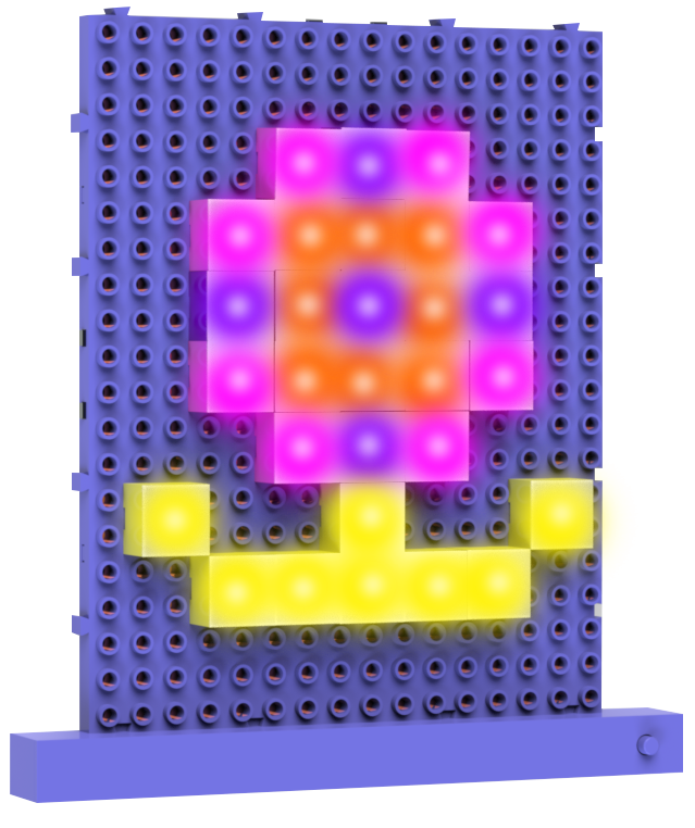 A colorful pixel art flower, crafted with Lite Blox 2 from E-Blox, Inc., is displayed on a purple pegboard. The flower features a vibrant pink and orange bloom with a yellow stem and leaves. All elements glow brightly thanks to LED Blox technology, creating a cheerful and playful light-up picture.