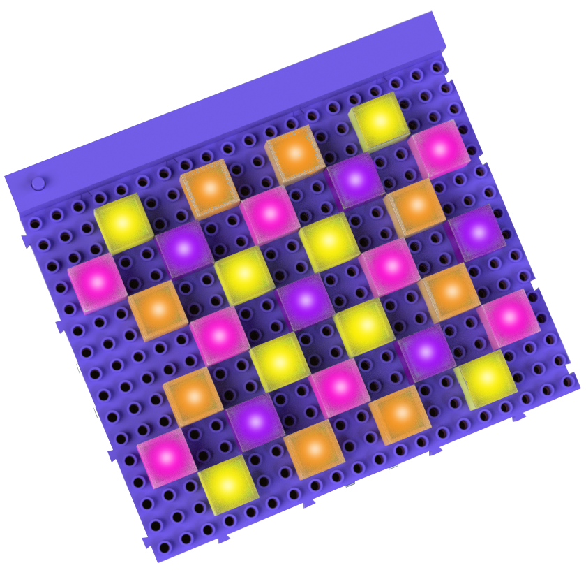 Using the Lite Blox 2 by E-Blox, Inc., a square pegboard with a purple base is transformed into a vibrant display filled with evenly spaced holes. Colorful translucent pegs in orange, yellow, and pink create an eye-catching design. The pegs are clustered in groups on the power board, making the pattern stand out vividly like an intricate piece of light-up art.