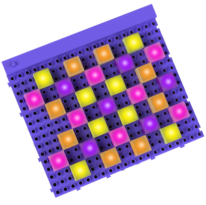 Using the Lite Blox 2 by E-Blox, Inc., a square pegboard with a purple base is transformed into a vibrant display filled with evenly spaced holes. Colorful translucent pegs in orange, yellow, and pink create an eye-catching design. The pegs are clustered in groups on the power board, making the pattern stand out vividly like an intricate piece of light-up art.