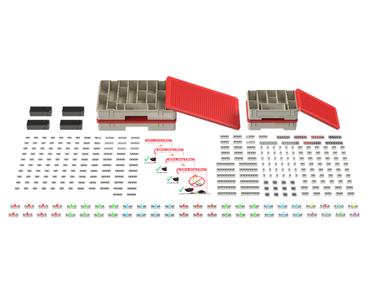 The image features the Power Blox™ Essentials 310 Classroom Set from E-Blox, which includes detailed kits for organizing various electrical components. This set comprises two red and grey storage cases, a range of fuses in assorted colors and sizes, small black boxes, metallic connectors, and printed instruction sheets. It is ideal for integrating STEM curriculum concepts into hands-on learning.