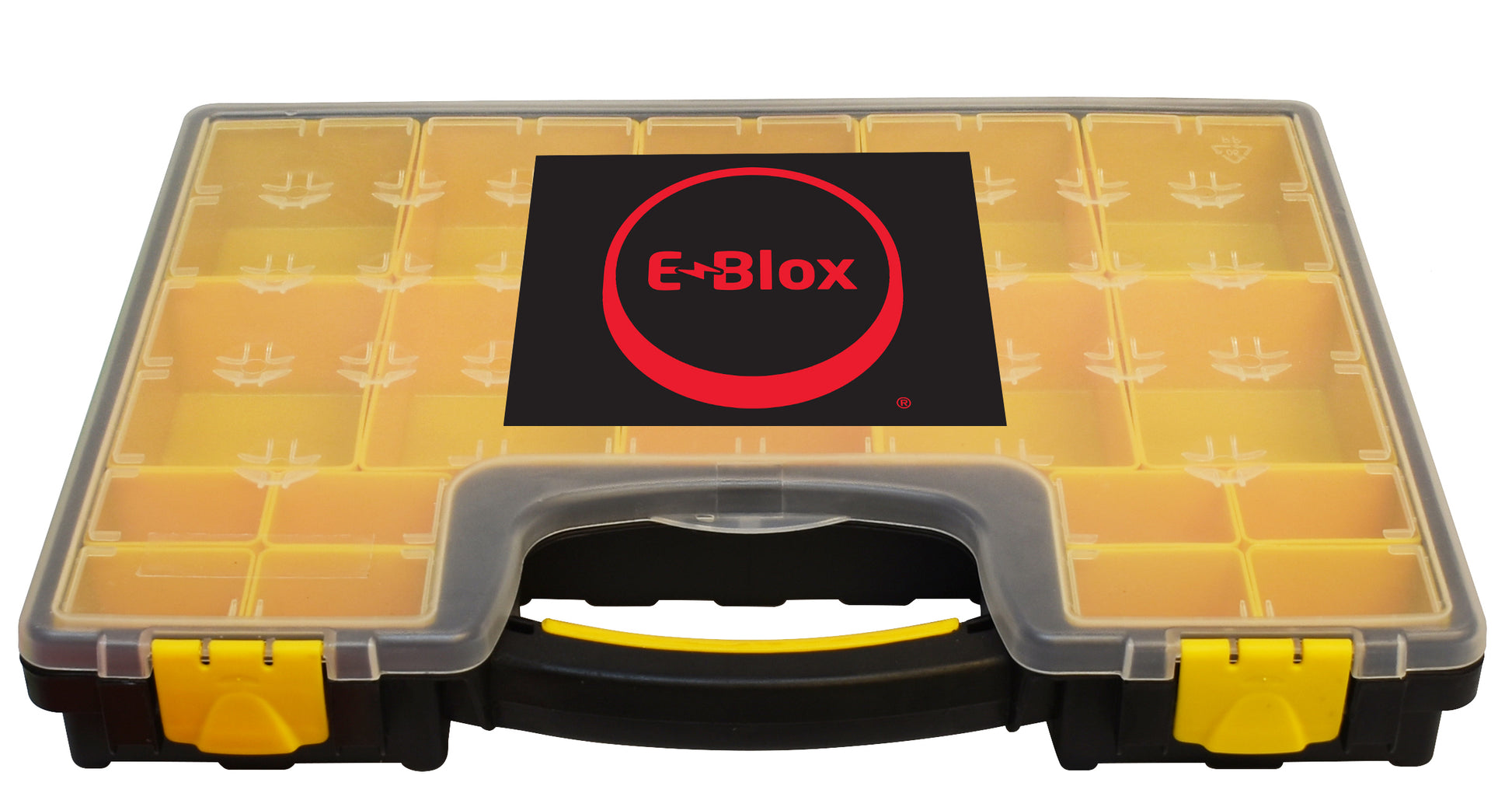 A transparent plastic storage case with multiple small compartments. The front of the case showcases the "E-Blox" logo, featuring text in a black box with a red circle around it. Designed for lesson-based curriculum use, the Lite Blox Classroom Set - E-Blox® Building Blocks case has a black handle with yellow latches to secure your materials.