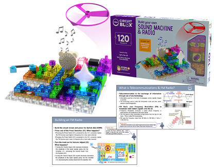 The Circuit Blox™ 120 Project Student Set by E-Blox is a vibrant building set featuring 120 projects, including sound machines and radios, all designed to align with NGSS standards. It comes with interlocking blocks, a speaker, and a propeller to enhance interactive learning. Both the packaging and instructional materials highlight the STEM curriculum advantages.