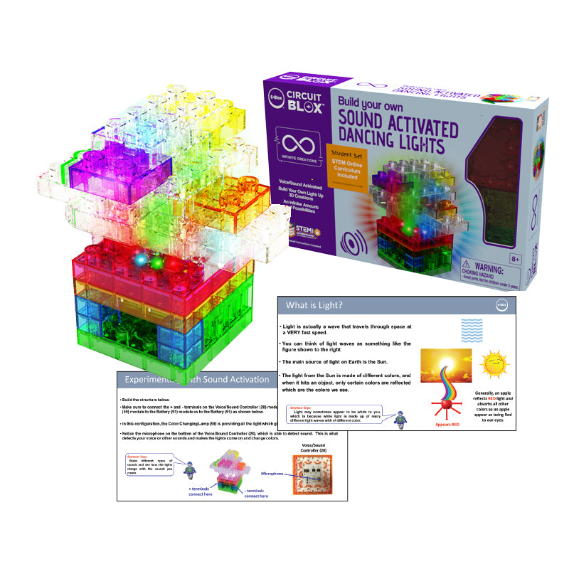 The Circuit Blox™ Sound Activated Dancing Lights Student Set - E-Blox® features a kit with vibrant, transparent plastic blocks arranged in a tower and illuminated with multicolored lights. The box is labeled "Build your own sound-activated dancing lights" and showcases images of the blocks and instruction manuals, emphasizing educational play for kids through the E-Blox brand.