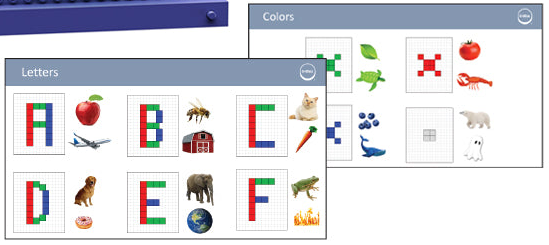 Two worksheets are shown: one titled "Letters" with letters A to F, each paired with corresponding images (e.g., A with an apple), and the other titled "Colors" featuring colored pixel patterns and images like a tomato, frog, and blueberry—enhanced by the interactive Lite Blox 2 Student Set - E-Blox® Building Blocks Educational Sets from E-Blox.