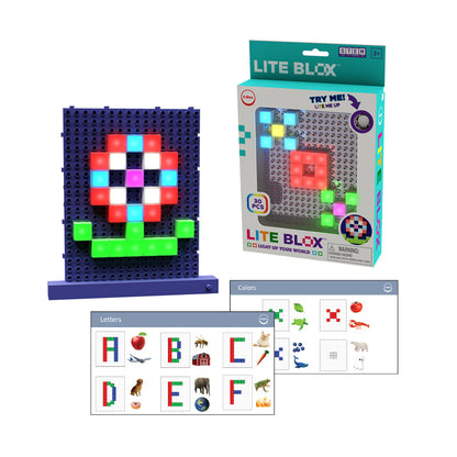 The image displays a Lite Blox Classroom Set by E-Blox, featuring an LED Blox light-up board showcasing pixel art of a flower. It also includes colorful packaging by the side and examples of pixel art letters (A-F) along with images of animals and objects designed to inspire children's creativity.