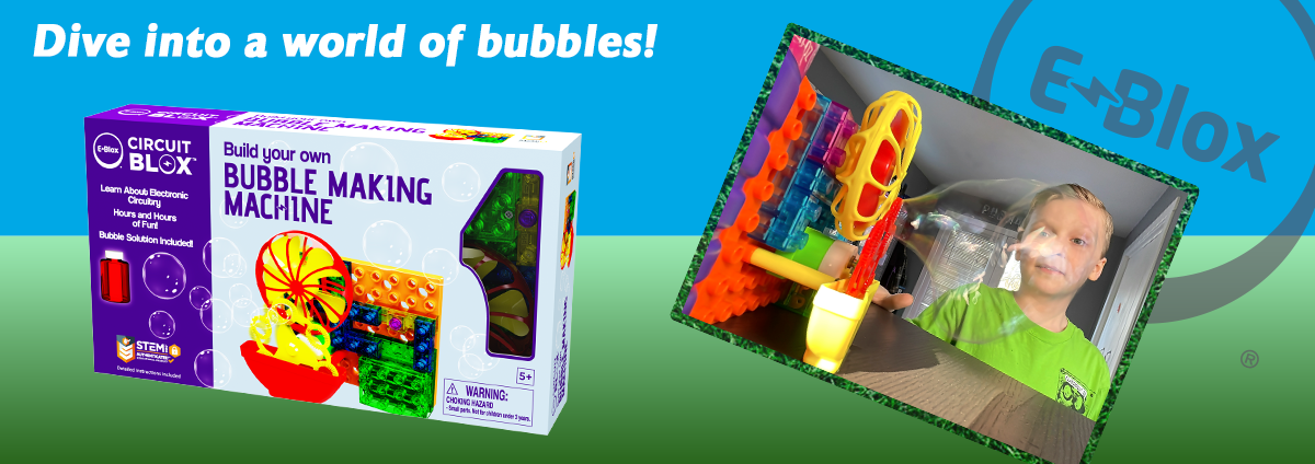 Slide 2, bubble machine retail box and kid with bubble over face