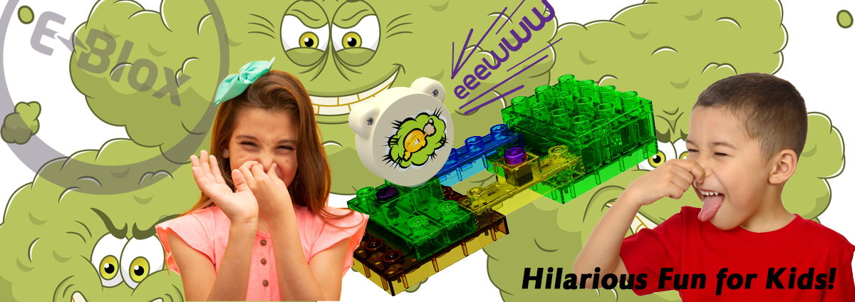 An advertisement features a smiling girl and boy holding their noses, indicating something stinky. Behind them is a cartoon green stinky cloud with eyes and a mischievous grin. Text reads "eBlox" and "Hilarious Fun for Kids!" alongside colorful interlocking toy bricks emitting the stink.