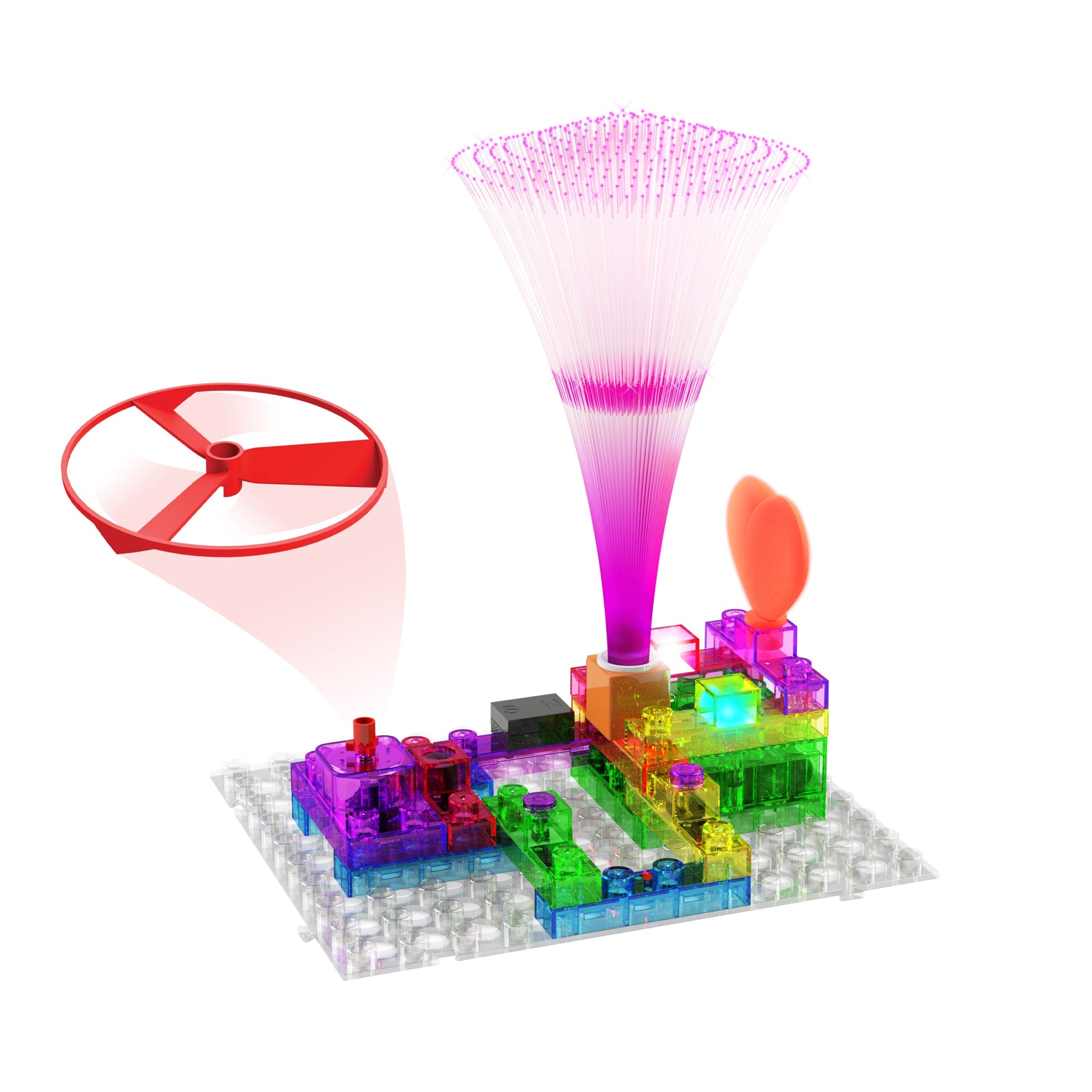 The Circuit Blox™ 59 project Classroom Set by E-Blox features a colorful electronic building block arrangement with translucent blocks on a clear base. A propeller on the left is illuminated with red light, while the right side displays a cone-shaped array emitting pink and purple light. This setup is vibrant, visually engaging, and adheres to STEM education standards.