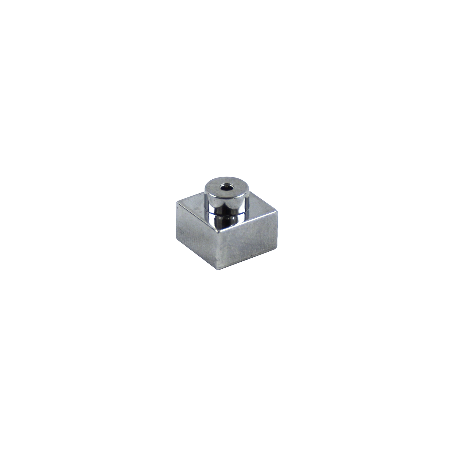 A small, reflective metal object with a cylindrical top and a square base, reminiscent of Circuit Blox™ - 1 Wire Block Tin from E-Blox®, placed against a white background.