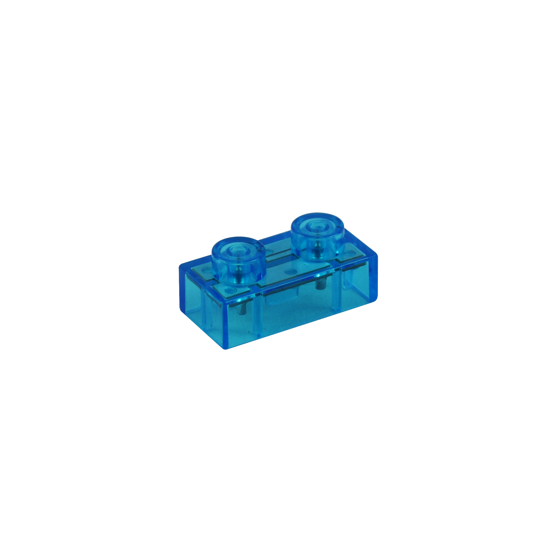 A small, translucent blue plastic building block with two circular connectors on the top, typically used in construction toy sets like E-Blox. This rectangular brick is against a plain white background and integrates seamlessly into STEM concepts, enhancing hands-on learning. This piece is part of the Circuit Blox™ 120 Project Student Set by E-Blox® Circuit Board Building Blocks Educational Sets.