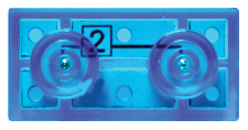 The Circuit Blox™ - 2 Wire Block from E-Blox® is a small device encased in transparent blue plastic, equipped with two circular suction cups and a center label marked '2'. The rectangular-shaped gadget appears to be designed for attachment or mounting purposes.