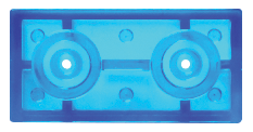 The E-Blox Two Wire Spacer Block for Circuit Builder is a blue component featuring two large cylindrical studs on top, each with a concentric circle design. Reminiscent of a LEGO brick, the studs are connected by a rectangular bar in the middle, with smaller circular marks around them.