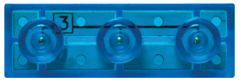 A close-up image of a blue Circuit Blox™ - 3 Wire Block by E-Blox, featuring three circular bumps arranged in a row across the top. The block has a small label with the number 3 printed on it near the left side. The background and lighting give the block a slightly reflective surface.