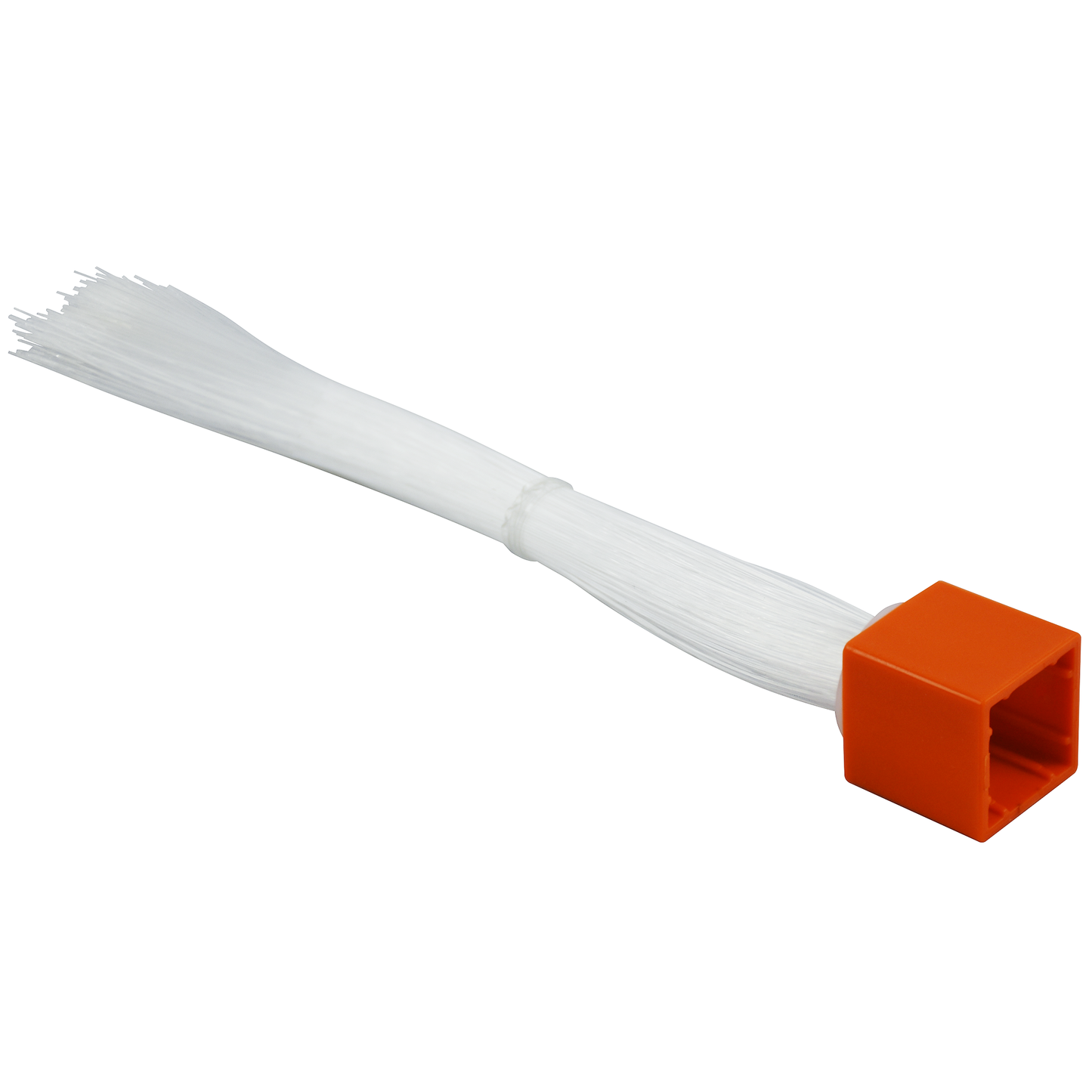 A detailed image of a white nylon brush with an orange rectangular handle, reminiscent of components from the E-Blox Circuit Blox™ 59 Project Student Set. The brush bristles are densely packed and secured by a small band near the base of the handle, which features a hollow design typical of tools found in STEM educational kits.