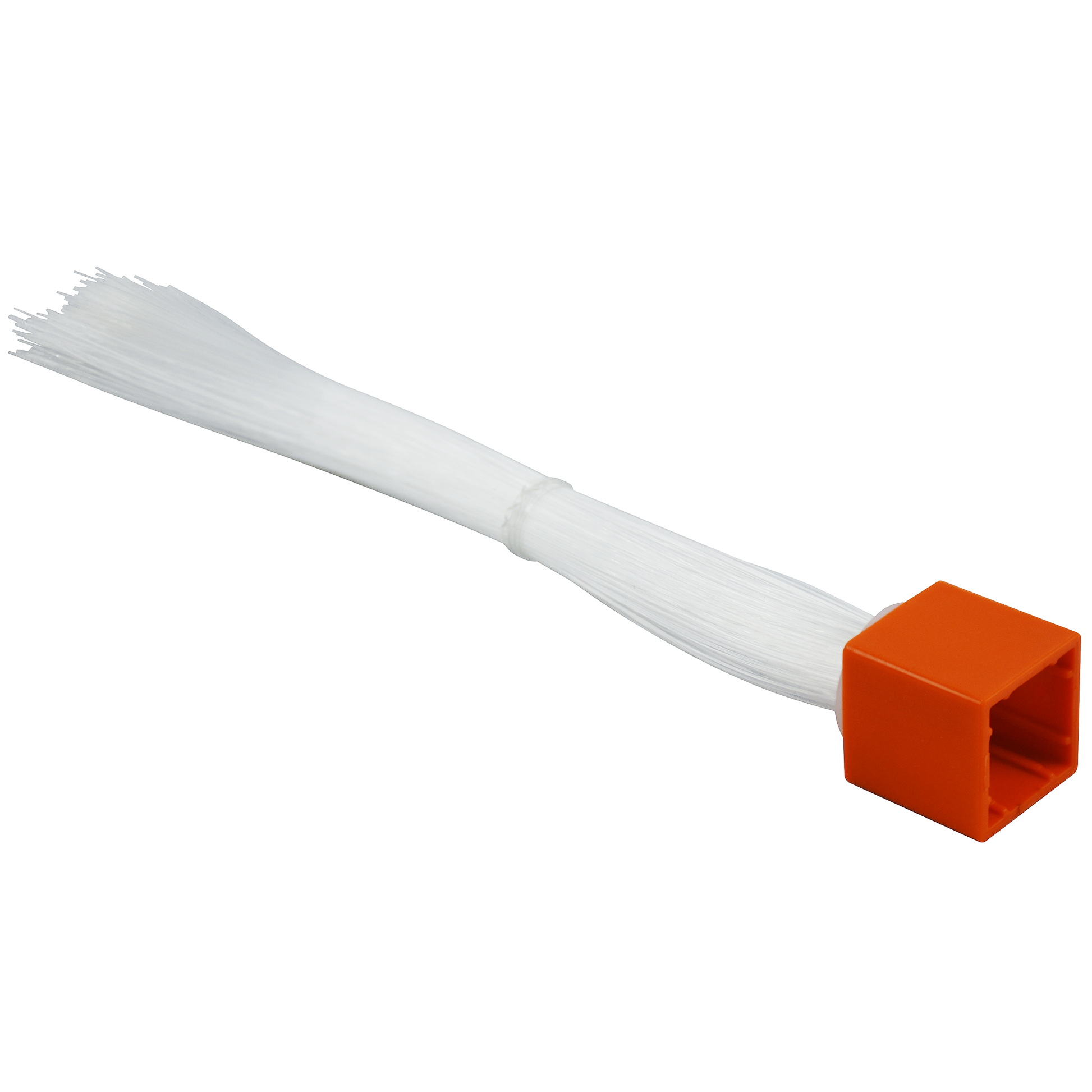 A detailed image of a white nylon brush with an orange rectangular handle, reminiscent of components from the E-Blox Circuit Blox™ 59 Project Student Set. The brush bristles are densely packed and secured by a small band near the base of the handle, which features a hollow design typical of tools found in STEM educational kits.