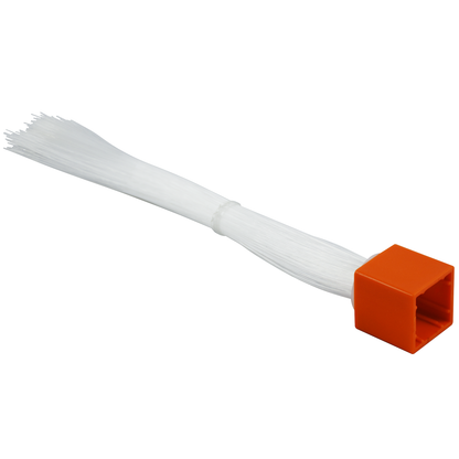 A detailed image of a white nylon brush with an orange rectangular handle, reminiscent of components from the E-Blox Circuit Blox™ 59 Project Student Set. The brush bristles are densely packed and secured by a small band near the base of the handle, which features a hollow design typical of tools found in STEM educational kits.