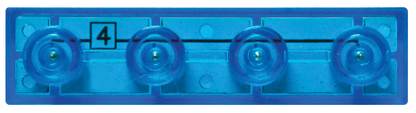 A close-up image of the Circuit Blox™ - 4 Wire Block - E-Blox®, a blue plastic object featuring four circular LED-like components aligned in a horizontal row. The number "4" is displayed in a small black square on the left side above the first component.