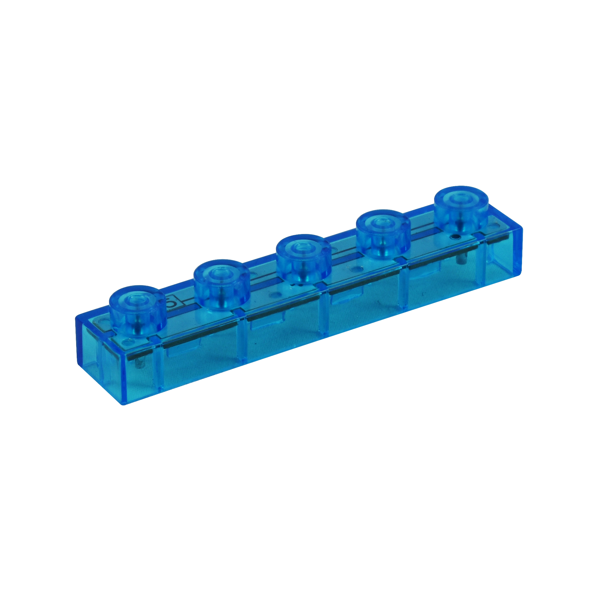 A transparent blue LEGO-like brick with a rectangular shape and five circular connectors on top. The brick has clear and defined edges, displaying the E-Blox logo on each of the connectors. Perfect for integrating the Circuit Blox™ 120 Project Student Set - E-Blox® Circuit Board Building Blocks Educational Sets into your projects or exploring STEM concepts, against a clean white background.