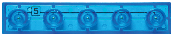 A close-up of a blue Circuit Blox™ 5 Wire Block from E-Blox®, featuring five holes arranged in a straight line. Each hole contains a small cylindrical component in the center. The block also has the number "5" printed near one end.