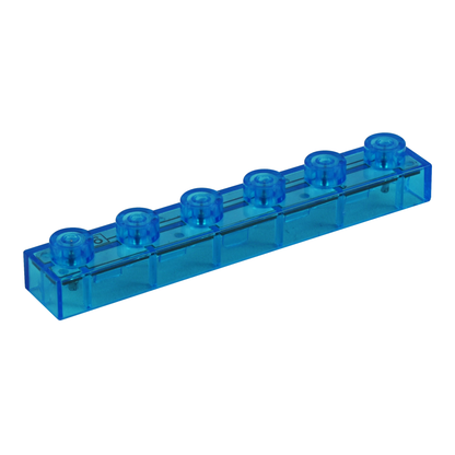 The Circuit Blox™ 120 Project Student Set by E-Blox includes transparent blue plastic interlocking building blocks featuring eight cylindrical connectors on the top surface. These elongated, rectangular blocks meet NGSS requirements and can connect with other similar blocks to form various shapes and structures, enhancing STEM concepts for young builders.