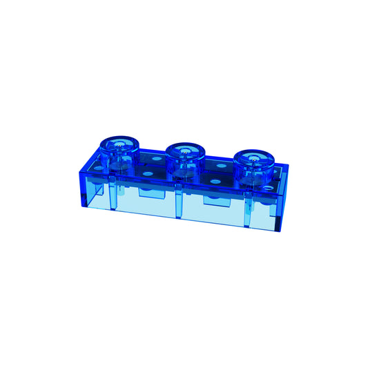 A transparent blue Circuit Blox™ - 3 Wire Block - E-Blox® with three studs on top is displayed on a white background. The rectangular piece appears to be clean and well-defined with a shiny, reflective surface.