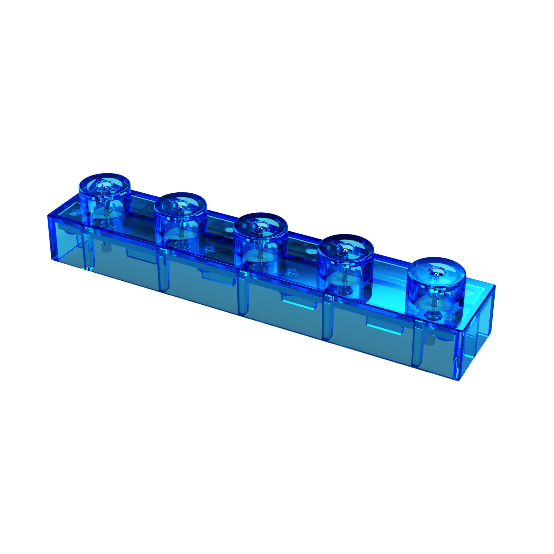 The Circuit Blox™ - 5 Wire Block - E-Blox® by E-Blox is a transparent blue plastic building block with a rectangular shape and six circular studs on the top surface, perfect for integrating into your Circuit Blox designs.