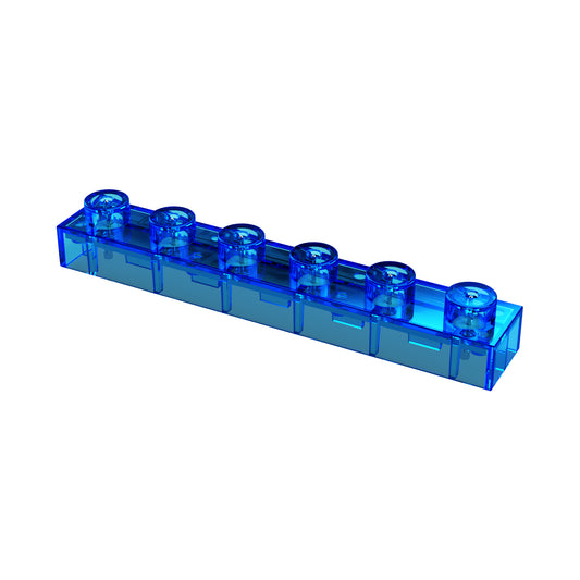 A transparent blue plastic "Circuit Blox™ - 6 Wire Block - E-Blox®" brick with six circular studs on top is shown against a white background. This rectangular brick, produced by E-Blox, is elongated with a smooth, glossy surface.