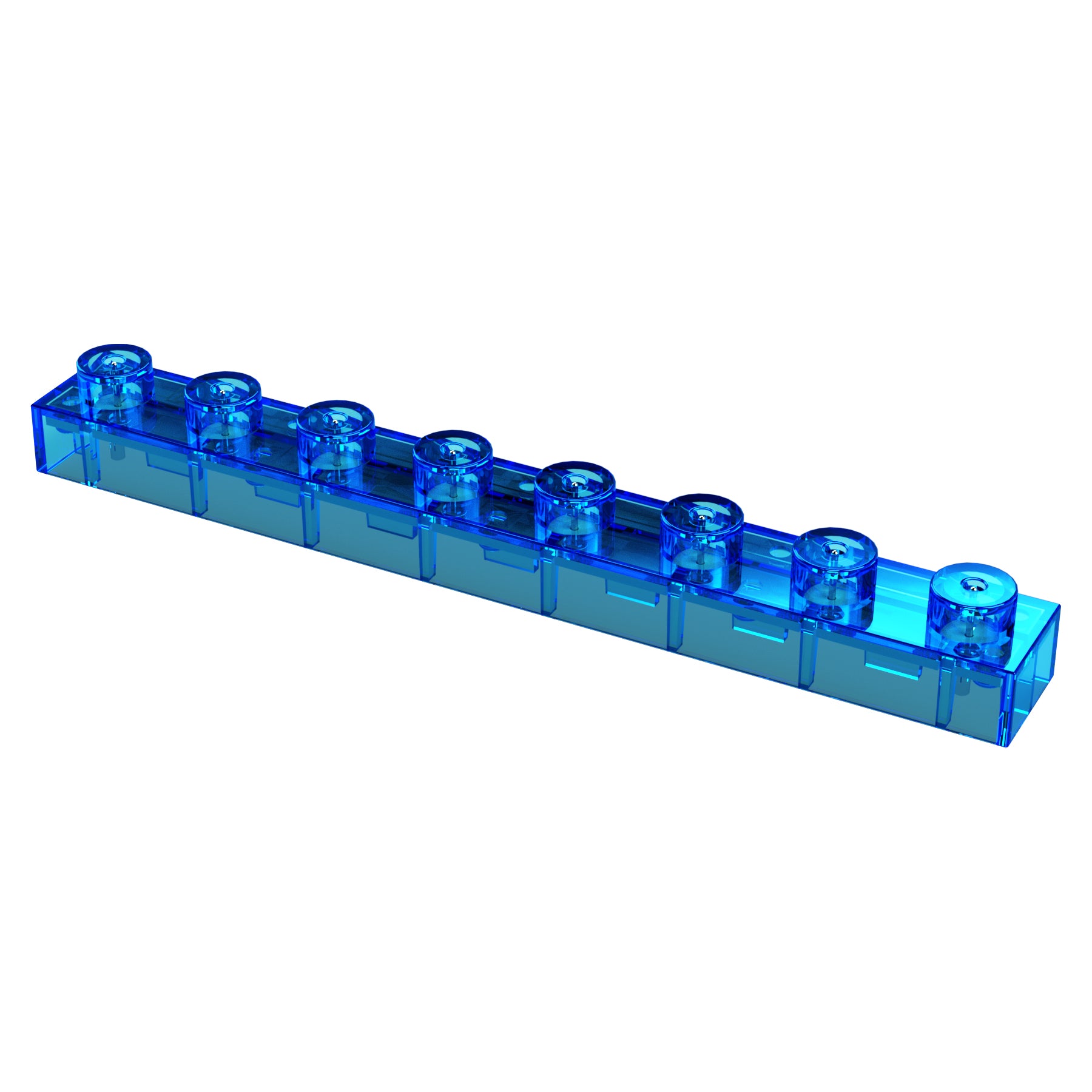 An 8-Wire Block - E-Blox® from the E-Blox brand, featuring a blue transparent, long rectangular shape, ideal for Circuit Builder™ creations. It has eight evenly spaced round studs on top, and its shiny surface beautifully reflects light.