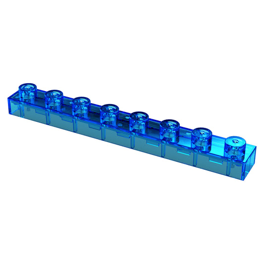 An 8-Wire Block - E-Blox® from the E-Blox brand, featuring a blue transparent, long rectangular shape, ideal for Circuit Builder™ creations. It has eight evenly spaced round studs on top, and its shiny surface beautifully reflects light.