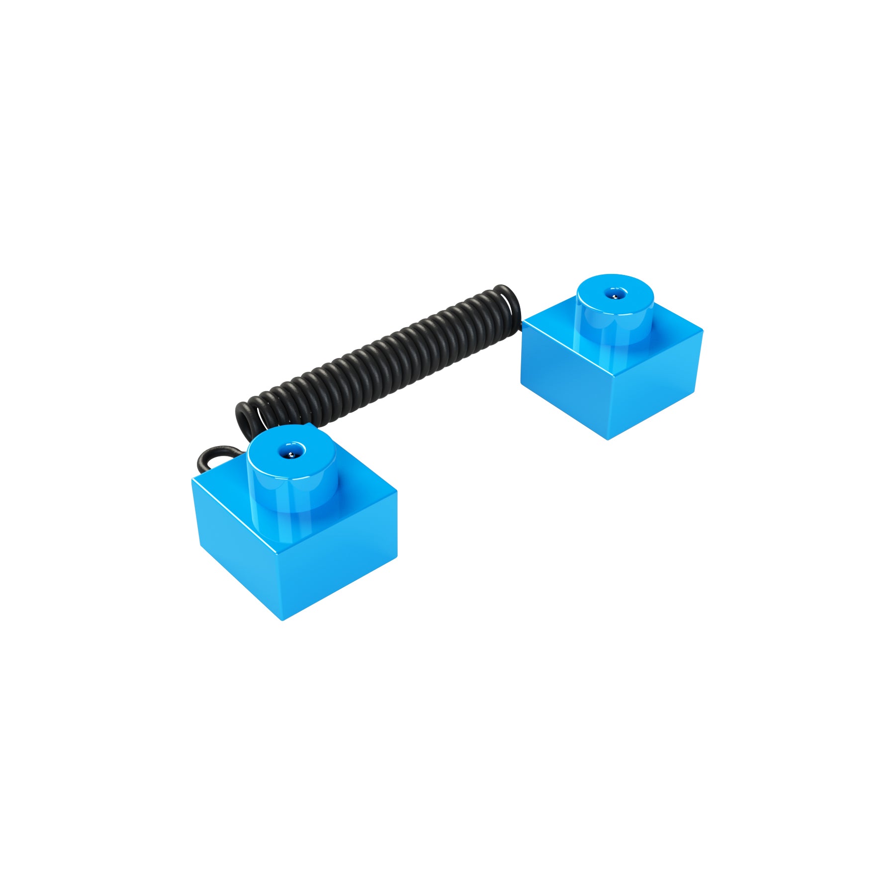 Image of two blue rectangular blocks from E-Blox's "Spring Wire for Circuit Builder," connected by a black coiled spring wire. Each block has a circular protrusion on top, resembling oversized LEGO bricks with a twistable cable connecting them. Ideal for any circuit builder, the components stand out against the plain white background.