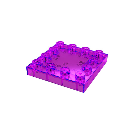 The E-Blox Three-in-One Block for Circuit Builder is a translucent purple, Lego-like building block featuring circular studs on its top surface. This square-shaped plastic block is ideal for circuit building projects.