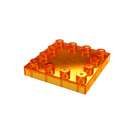 A single translucent orange plastic brick, resembling a Lego piece, with a square shape and studded top. The brick has a glossy finish and is isolated on a white background. This product, named Circuit Blox™ - FM Radio Block by E-Blox®, is perfect for use in Circuit Blox projects like building your own FM Radio.