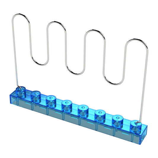 Image shows the Wire Maze - E-Blox® by E-Blox, a sleek and modern silver, wave-shaped metal rod stand mounted on a transparent blue rectangular base. The base has six evenly spaced circular holes along its length.