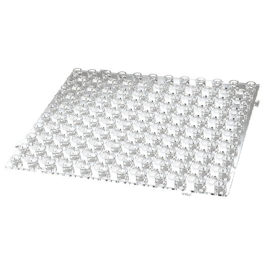 A square, transparent plastic E-Blox® base grid with numerous circular raised bumps evenly spaced across its surface. The edges are straight, and the overall structure appears rigid, possibly intended for use in a scientific or organizational context such as Circuit Blox™.