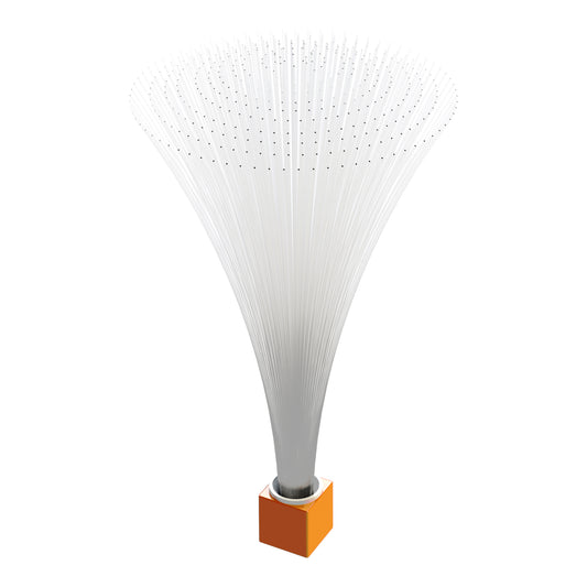 A sleek and contemporary art piece, the Circuit Blox™ - Fiber Optic Tree by E-Blox® features an array of elongated white rods evocative of a fiber optic tree. These rods fan out gracefully from a narrow base, resembling an inverted cone or the spray of a fountain. The sculpture is anchored by a solid orange square base.