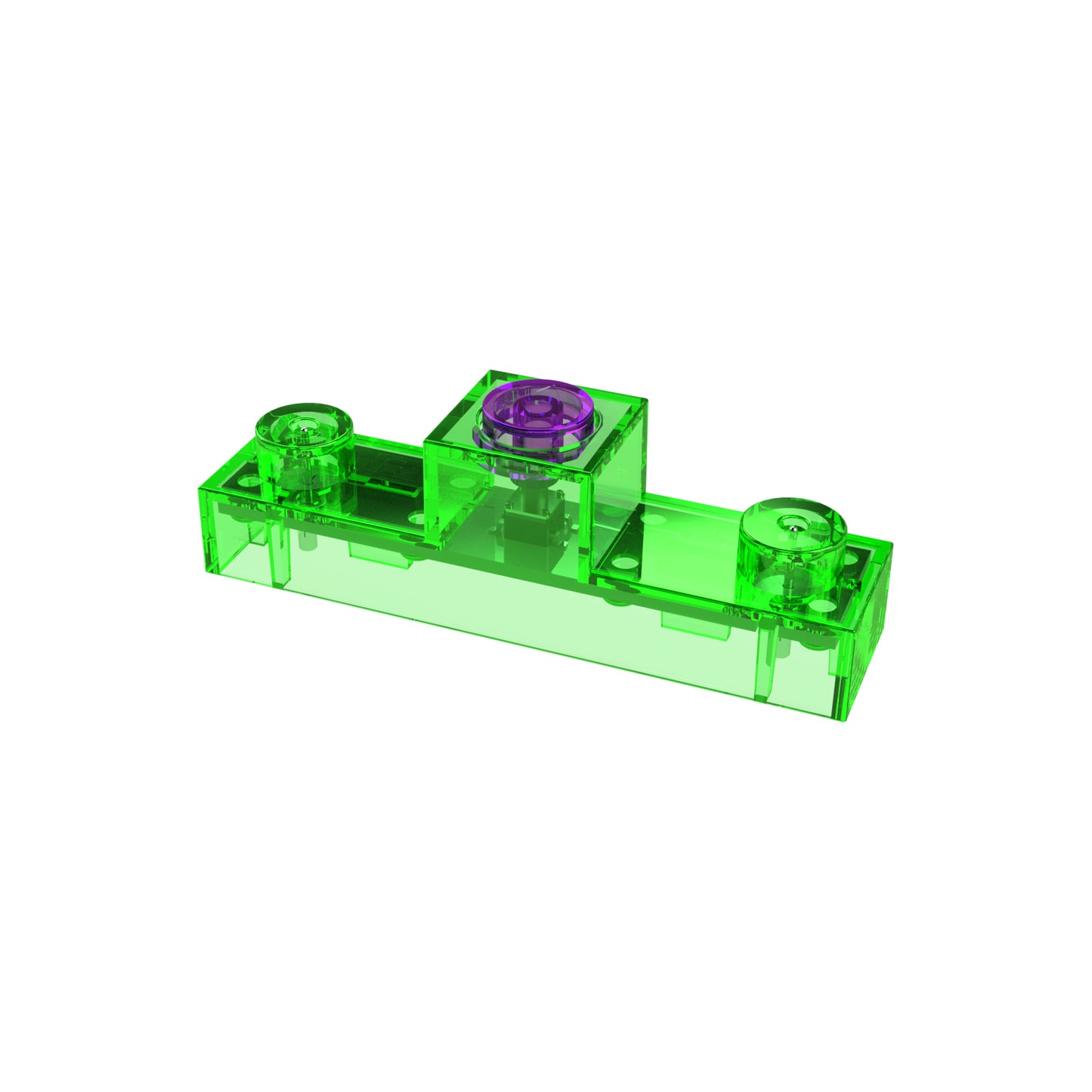 A close-up of a translucent green "Press Switch Block for Circuit Builder" from E-Blox, featuring one raised circular stud in the center and two smaller circular studs on either side. The central stud, functioning as a press switch, is capped with a purple piece, adding contrast to the green. The background is white.