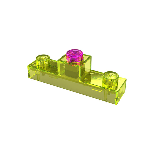 A translucent yellow LEGO brick with four studs features a small pink translucent cylindrical component on one of the studs, resembling an E-Blox Switch Block for Circuit Builder, isolated on a white background.