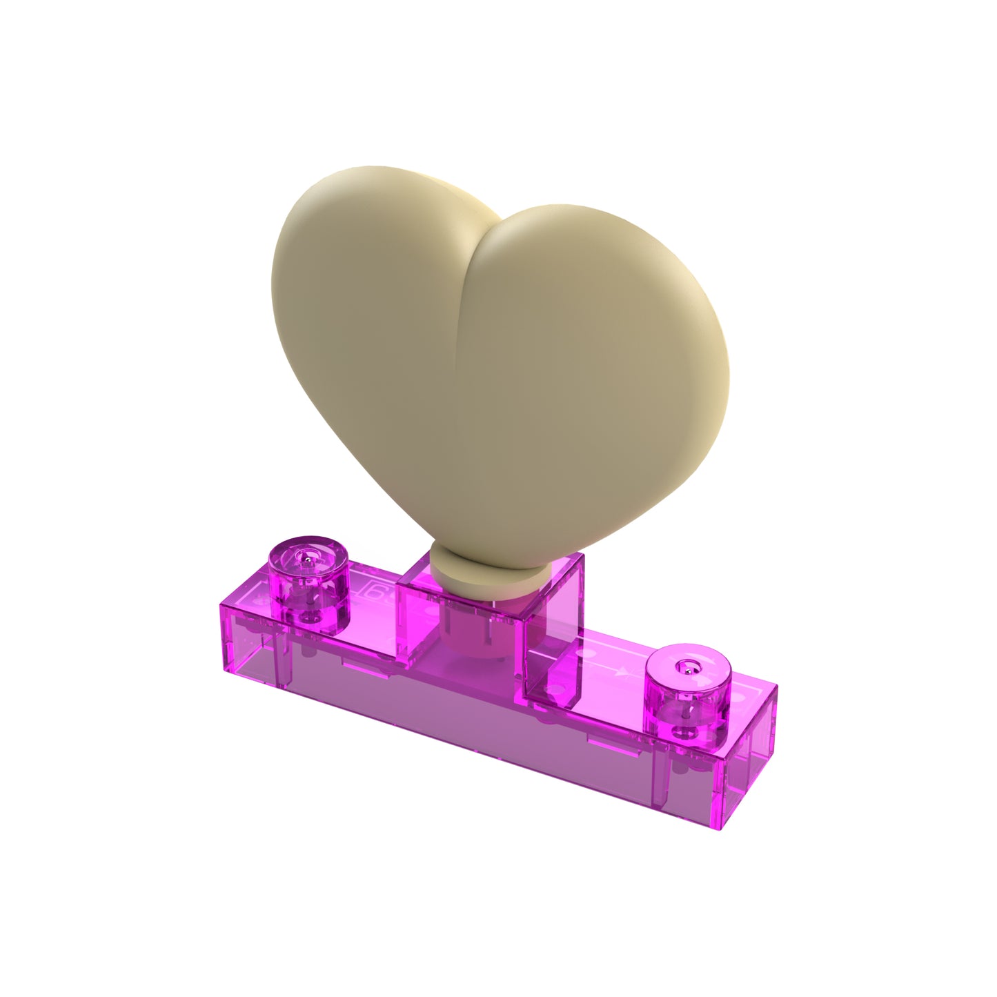 The Circuit Blox™ - LED Heart Block from E-Blox is designed as a beige, heart-shaped object mounted on a translucent pink rectangular base. The base includes two small circular protrusions on either side, characteristic of interlocking building blocks. The heart itself has a smooth, glossy finish that contrasts with the clear base.