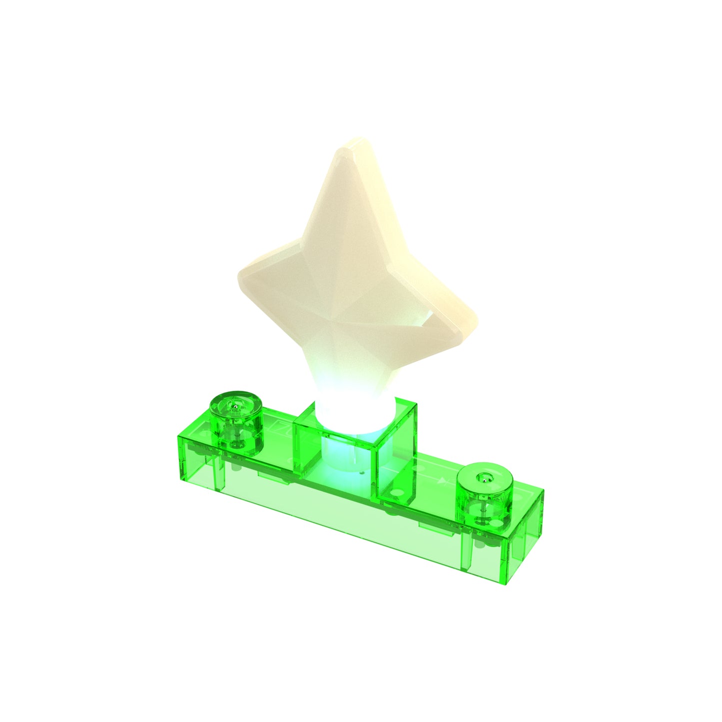 The E-Blox Circuit Blox™ - LED Diamond features a transparent green plastic base with two circular connectors on each side, supporting a translucent white, star-shaped object. The star, which resembles a diamond, is illuminated by internal LEDs that emit a soft glow. The design is minimalistic and geometric.