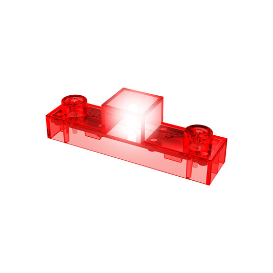 The Circuit Blox™ - Lamp Block - E-Blox® by E-Blox is a translucent red LEGO-like brick that features a built-in LED light in the center, which glows white. This rectangular Lamp Block has connections on either end, making it resemble a standard LEGO piece, but with an illuminated central component that's perfect for Circuit Blox projects.