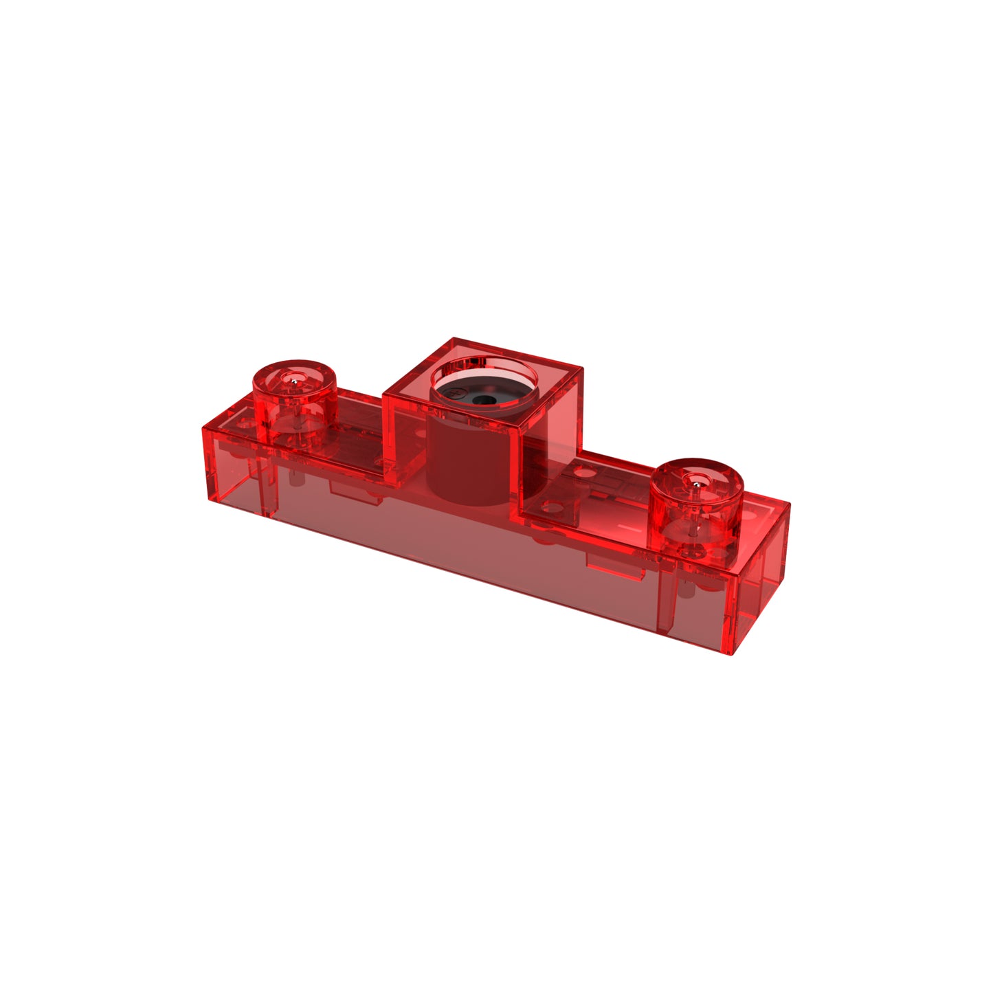 A transparent red component from the Circuit Blox™ - Alarm Block - E-Blox® set by E-Blox, featuring a cylindric socket in the center and two small cylindrical protrusions on either end, perfect for integrating with your Circuit Blox projects.