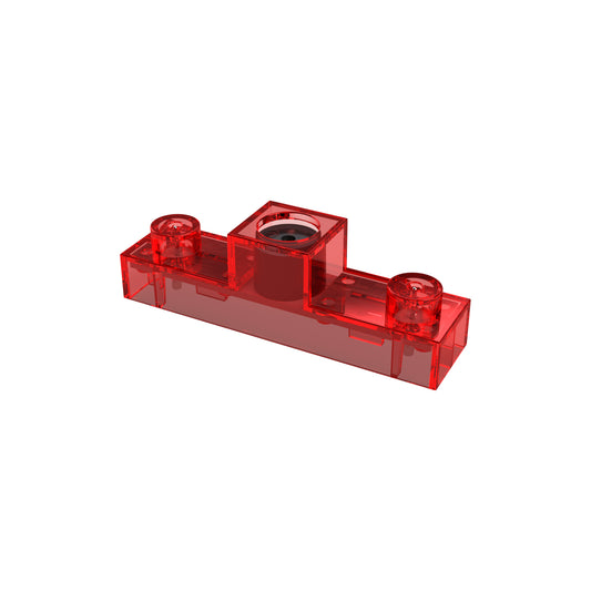 A transparent red component from the Circuit Blox™ - Alarm Block - E-Blox® set by E-Blox, featuring a cylindric socket in the center and two small cylindrical protrusions on either end, perfect for integrating with your Circuit Blox projects.