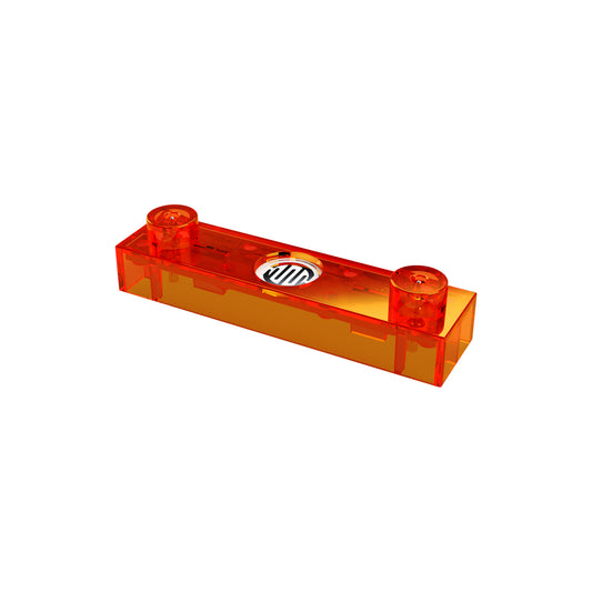 Introducing the transparent orange Touch Switch Block for Circuit Builder by E-Blox, designed to resemble a beverage cooler with two cylindrical ends and featuring a sticker in the middle depicting a drink can adorned with horizontal stripes, making it perfect for your Circuit Builder creations.