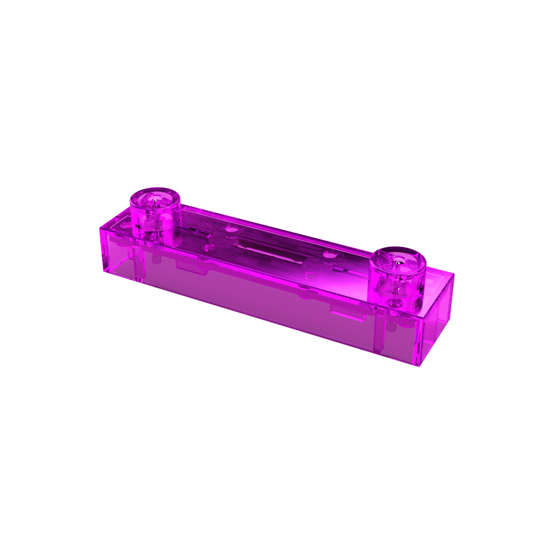 A transparent pink Reed Switch Block for Circuit Builder by E-Blox, featuring two round studs on top, is rectangular in shape and appears to be made of plastic, reflecting light on its surface. The plain white background emphasizes the vibrant color of the block.