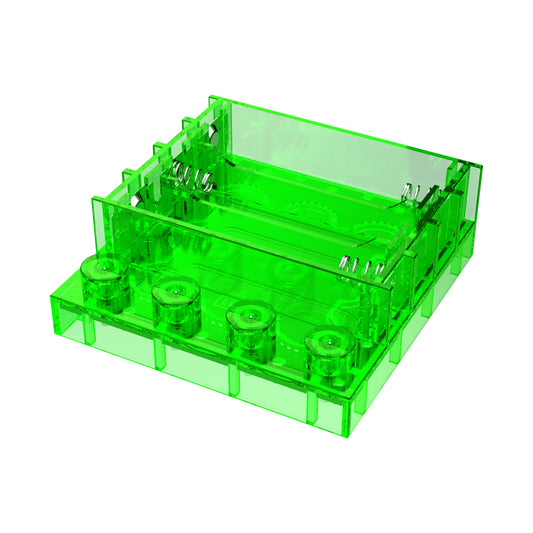 A small, transparent green plastic container with several compartments and gear-like structures. The box, akin to the Circuit Blox™ Battery Holder from E-Blox®, features defined edges and four cylindrical sections in the front. The overall design appears intricate and mechanical.