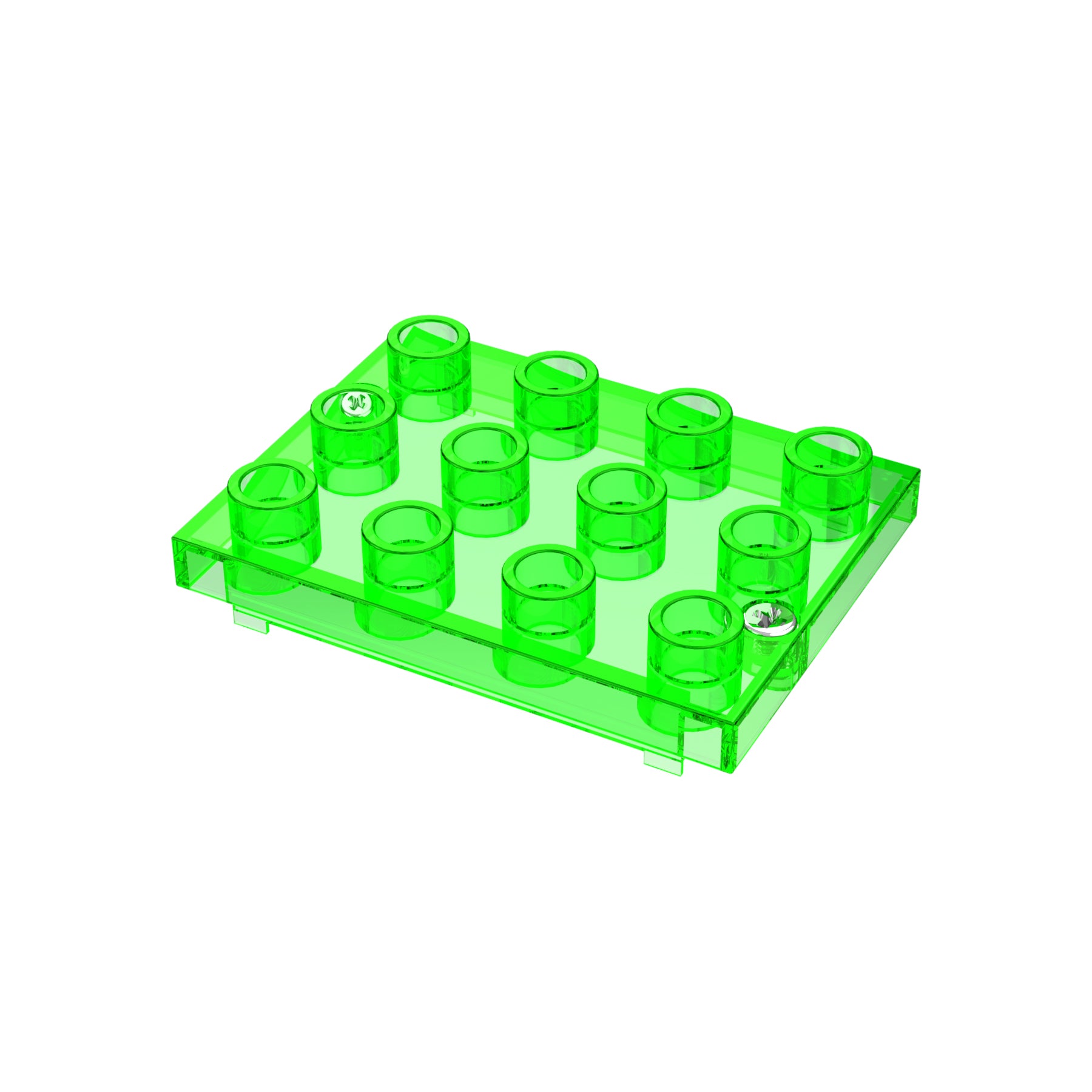 A translucent green plastic building block, labeled as the Circuit Blox™ - Battery Cover by E-Blox®, features a square shape with 16 round studs arranged in a 4x4 grid pattern. The background is plain white.